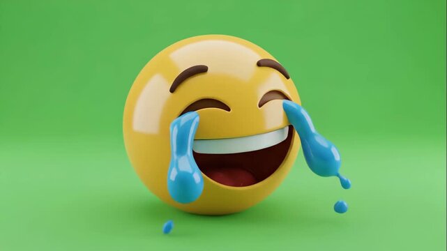 3D animation of a laughing crying emoji. Character with tears of joy on a green screen background. Social media reaction and humor concept