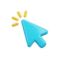 Bright blue 3d cursor arrow icon with radiating yellow lines indicating a click action isolated on transparent background