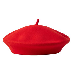 A vibrant red beret hat with a small top pompom a classic french fashion accessory isolated on transparent background