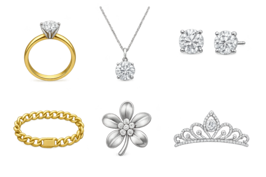 Sparkling jewelry set featuring gold diamond ring, pendant necklace, studs, chain bracelet, silver flower brooch, and tiara