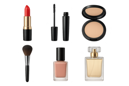 Flat lay of makeup items including red lipstick, mascara, compact powder, brush, nude nail polish, foundation, and perfume