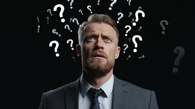 Confused businessman thinking with question marks around his head. A professional man looking for a solution to a problem. Uncertainty and business challenge concept