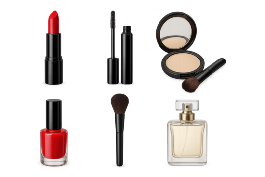 Collection of makeup items including red lipstick, mascara, compact powder with brush, nail polish, and square perfume bottle No model visible