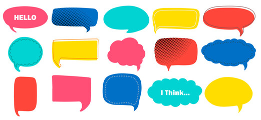 Set of cloud of think, speech or balloon for text. Simple hand drawn vector illustration in doodle or comics style. Vector set for message, tag, banners or stickers.