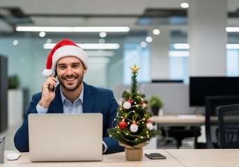 A smiling businessman wearing a Santa hat is on a phone call in the office, with a laptop and Christmas tree on his desk during the festive season