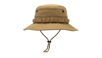 Khaki colored tactical bucket hat with chin strap and webbing loops for outdoor activities and adventures isolated on transparent background