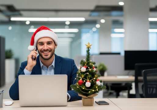 A smiling businessman wearing a Santa hat is on a phone call in the office, with a laptop and Christmas tree on his desk during the festive season