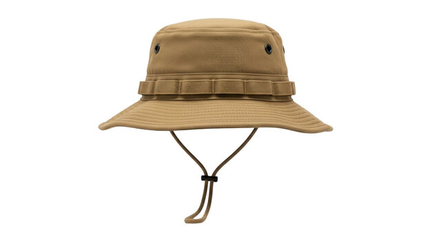 Khaki colored tactical bucket hat with chin strap and webbing loops for outdoor activities and adventures isolated on transparent background