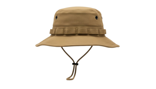 Khaki colored tactical bucket hat with chin strap and webbing loops for outdoor activities and adventures isolated on transparent background