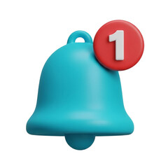 A bright turquoise notification bell icon with a red circle displaying the number one isolated on transparent background