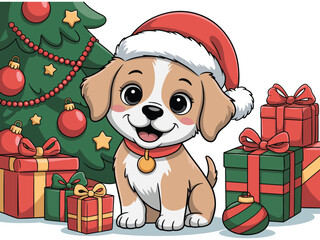 A happy puppy wearing a Santa hat sits among Christmas presents and a decorated tree.