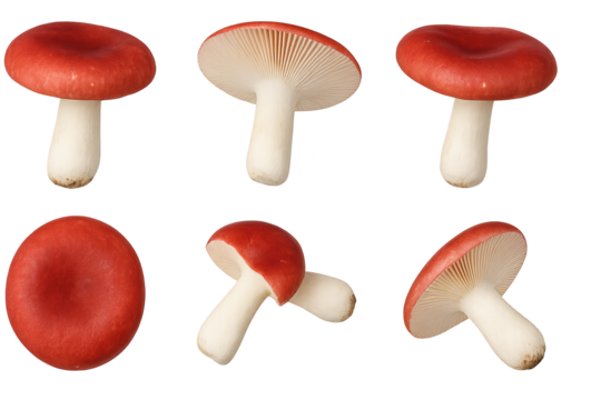 Six red-capped mushrooms with white stems shown from multiple angles, bright glossy caps and pale gilled undersides