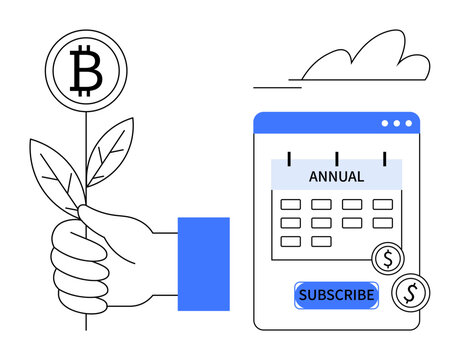 Bitcoin plant in hand symbolizing growth, calendar with annual subscription and payment icons. Ideal for cryptocurrency, finance, investment, technology, subscriptions, digital economy, savings