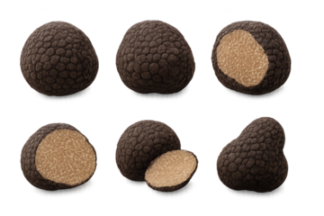 Six black truffles with rough skin, some halves reveal pale beige flesh