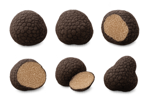 Six black truffles with rough skin, some halves reveal pale beige flesh