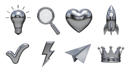 Collection of metallic 3d icons representing ideas innovation success love and exploration isolated on transparent background