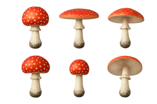 Six red-capped mushrooms with white spots and pale stems on transparent background ethnicity/gender not applicable