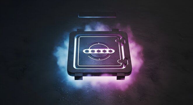 Futuristic glowing safe with neon lights and smoke effect on a dark moody background