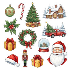 Collection of festive christmas holiday elements including santa claus decorated tree presents wreath and snow globe isolated on transparent background