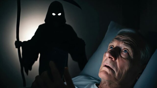 Elderly man in bed at night, holding smart phone, with a looming shadow of death holding a scythe and another smart device.