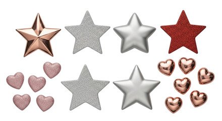 Collection of shiny metallic and glittery star and heart shapes in various colors isolated on transparent background