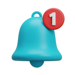 Bright blue notification bell icon with a red circle displaying the number one isolated on transparent background