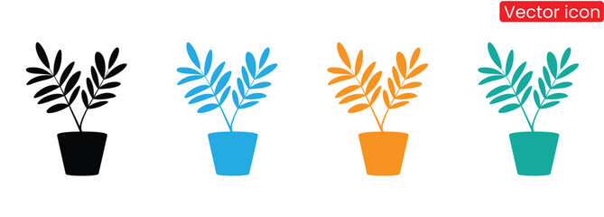 Lovely potted plant icons in black blue orange and green for your designs,Growing Plant Icon Black and White Vector Graphic