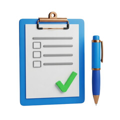 3d rendering of a blue clipboard with a checklist and a blue pen with a green checkmark isolated on transparent background