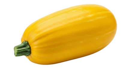 A whole ripe yellow spaghetti squash with a green stem isolated on transparent background