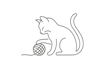 Cat playing with a ball of yarn in a simple line drawing
