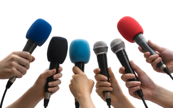 Group of Hands Holding Colorful Microphones for Press Conference or Media Interview Isolated on White Background - Powered by Adobe