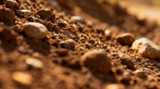 cinematic soil containing natural small stones in warm soft light