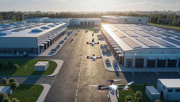 Modern warehouse complex with drones delivering packages symbolizes efficient logistics and innovative delivery solutions for e-commerce businesses