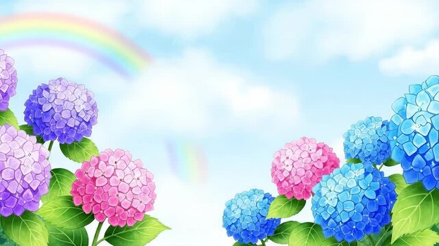 Colorful hydrangea blooms rainbow sky background