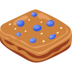 Isometric Brown Square Cookie With Blueberries and White Sprinkles Detailed CloseUp Top View Isolated On White Background