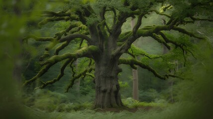 Fototapeta premium Ancient mosscovered oak tree with sprawling branches in a lush green forest setting