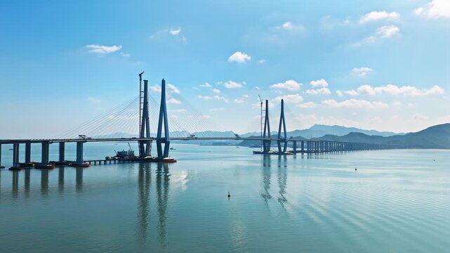 Aerial shot of a magnificent cable-stayed sea-crossing bridge with traffic flow and ongoing over the blue ocean. Famous Xiangshan Port Cross-Sea Bridge is located in Ningbo, China.