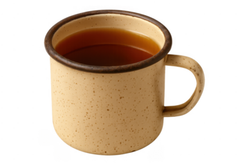Enamel camping mug full of hot tea on transparent background