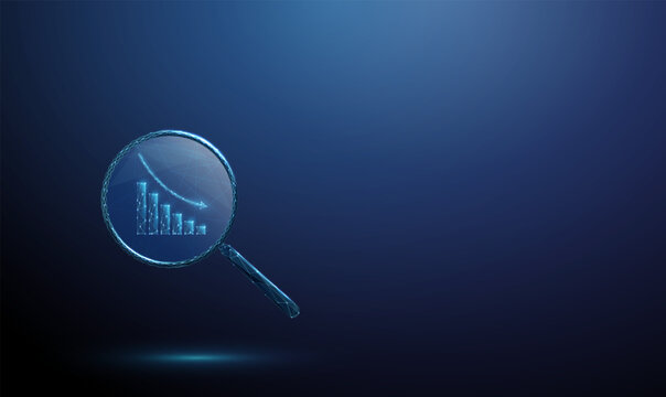 3d blue magnifying glass with downward-trending chart inside Financial analysis, economic decline, risk assessment, market monitoring, investment evaluation concept