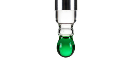Single Green Liquid Droplet Emerging from Glass Pipette Tip on Black Background - Science and Cosmetics Concept