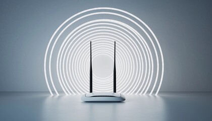 Modern wireless router broadcasting signal through glowing concentric rings, symbolizing connectivity and digital network expansion.