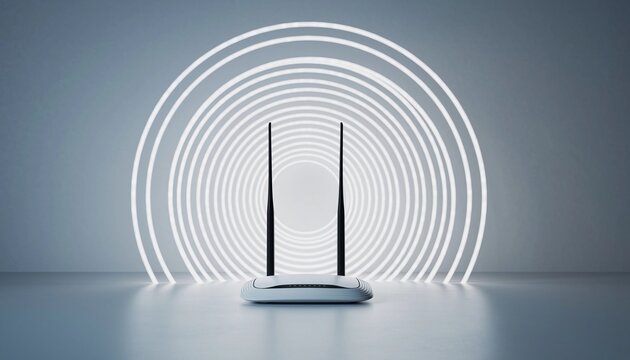Modern wireless router broadcasting signal through glowing concentric rings, symbolizing connectivity and digital network expansion.
