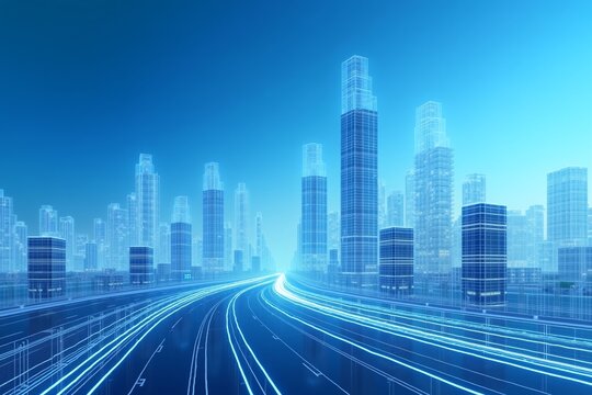 A futuristic cityscape at night, with glowing blue skyscrapers and a sleek highway radiating light trailssymbolizing advanced technology, connectivity, and urban innovation. - Powered by Adobe