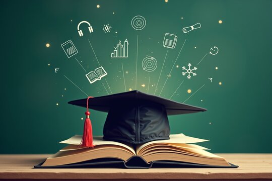 An open book with a graduation cap resting on it, surrounded by floating icons representing learning and knowledge  including books, headphones, atoms, targets, and more  symbolizing education, growth