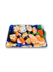 A take-out appetizing Japanese Sushi, isolated on a white background