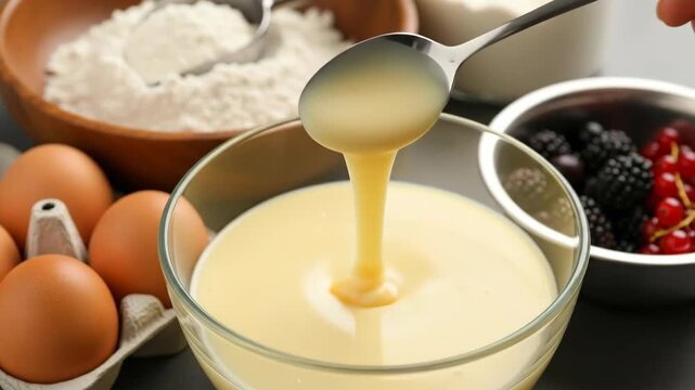 Creamy liquid pour into bowl with baking ingredients background