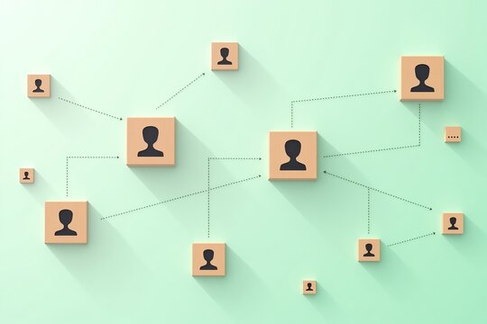 A network of wooden blocks, each featuring a silhouette icon, connected by dashed lines to represent human connections or collaboration in a modern, minimalist design.