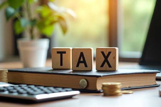 Wooden blocks spell "TAX" on a book, with coins and a calculator nearby  symbolizing financial planning or tax compliance in an office setting. - Powered by Adobe