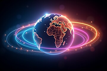 A futuristic globe floats above a radiant, glowing circular platform of neon huesblue, purple, and orangesymbolizing global connectivity in the digital age. The dark background enhances the vibrant en