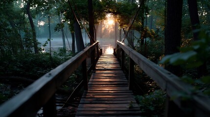 Wooden Bridge in Forest Sunlight: A Serene Pathway Through Nature's Embrace